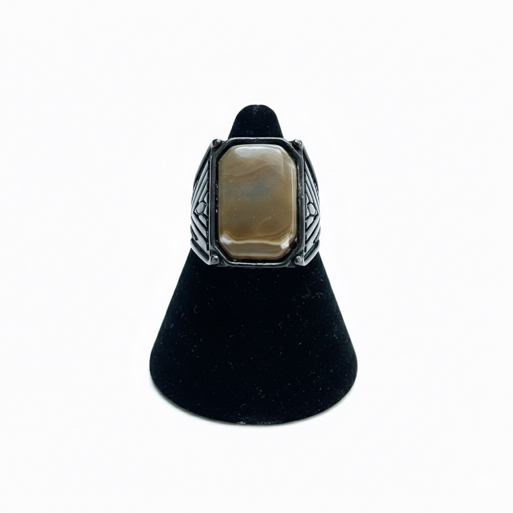 Men's Black Signet Ring Banded Agate Style Stone Geometric Modern Gothic Size 10